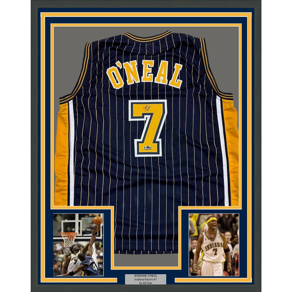 Framed Facsimile Autographed Jermaine O'Neal 35x39 Indiana Blue Reprint Jersey - Imagem 1 de 2