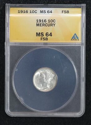 1916 Mercury Dime ANACS MS64 Full Split Bands 42OP - Image 1 of 4