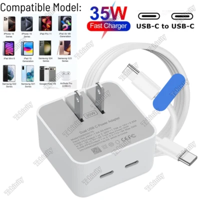 Dual USB-C Fast Charger PD 35W Power Block Type C Cable For iPhone 16 15 Samsung - Image 1 of 4