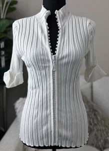 Belldini Sexy White Rhinestone Crystal Zipper Mock Neck Collared Shirt M Medium - Picture 1 of 4