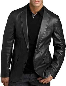 Blazer negro de piel de cordero genuina de dos botones para hombre abrigo ajustado chaqueta de cuero real - Imagen 1 de 3