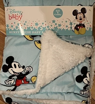 DISNEY BABY Mickey Mouse BLUE PRINT REVERSIBLE BABY BLANKET Poly-Sherpa Lined - Image 1 of 4