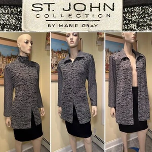 ST JOHN Size 16/18 XL Gray Black Stretch Wool-Knit Mock Turtle Zip Blazer USA - Picture 1 of 15