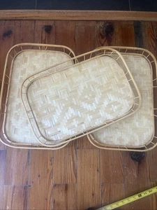 Set Of 12- EUC Woven Rattan Stacking Serving Trays With Bamboo Rails 19” - Picture 1 of 9