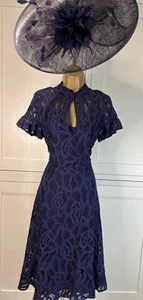 Phase Eight UK 10 Navy Blue Lace High Neck Short Sleeve Midi Occasion Dress - Picture 1 of 24