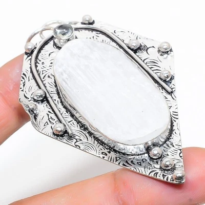 Selenite, Topazio Bianco Gemma 925 Argento Sterling Gioielli Ciondolo - Immagine 1 di 4