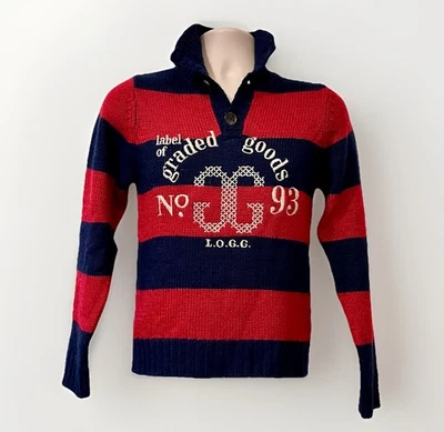 LOGG “GG” Wool Mock Neck Nautical Preppy Logo Sweater Boys 11/12 Blue Red Stripe - Image 1 of 4