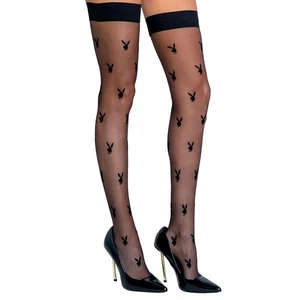 Playboy Bunny Stockings Stay Up Silicone Tops Sheer Thigh Highs Black LI122 Plus - Picture 1 of 4