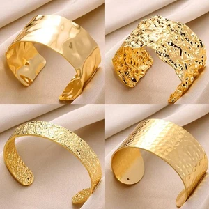 Gold Stainless Steel Cuff Bangle Bracelet for Women Open Pattern Jewelry Gift - Picture 1 of 50
