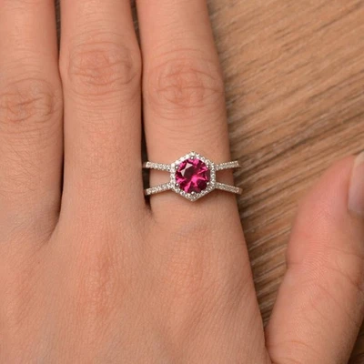 925 Sterling Silver Pink Ruby Lab Created Gemstone Women Minimal Ring Duty Free - Image 1 of 4