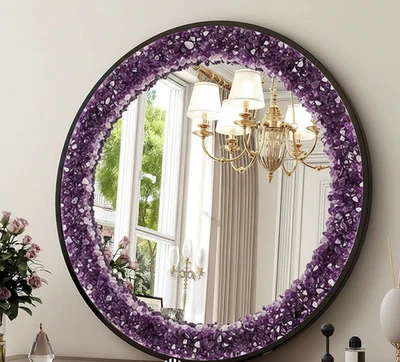 Luxury Amethyst Stone Crystal Mirror | Healing Gem Wall Decor | Handmade Purple - Image 1 of 4