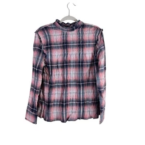 NWT MAX JEANS womens size M Rumi plaid pink blue smocked long sleeve blouse - Picture 1 of 6