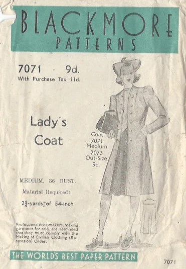 1940s Vintage Sewing Pattern COAT B36"-S12 (4) - Image 1 of 1