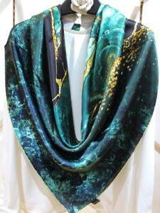 Abstract Aurora green 100% mulberry silk romantic printed shawl 106*106CM