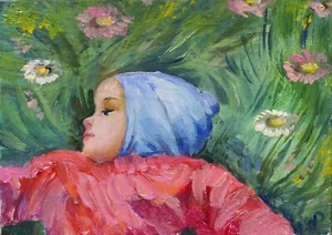 ACEO oil painting original oil child Little girl in meadow by Dora Pilssala - Picture 1 of 2