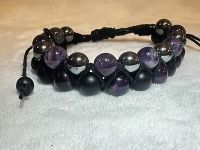 Amethyst Hematite Black Onyx Purple Tiger Eye Double HEMP Bracelet Handmade - Image 1 of 3