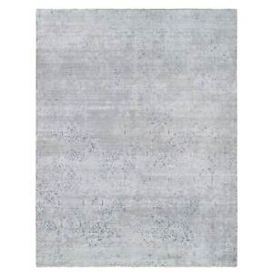 11'9"x15' Ivory Hand Knotted Damask Design Wool and Silk Oversized Rug R65042