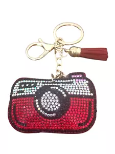 Fashion Key Ring-Bag Charm -CAMERA- red black silver- rhinestones - Picture 1 of 2