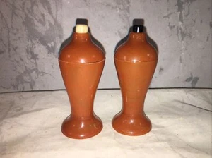 Vtg Carvanite Push Button Mechanical Salt and Pepper Shaker Set Brown 3.5" - Picture 1 of 4