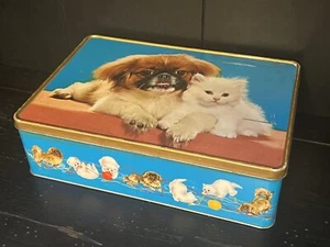 Vtg Bakers Biscuits S. Africa Collectible Tin Pekingese dogs & Kittens 10"x6.5" - Picture 1 of 14