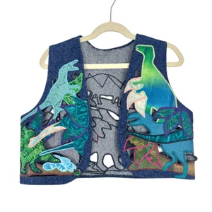 Vintage Handmade Dino Vest Kids Embroidered Blue western Applique Dinosaur Denim - Picture 1 of 10