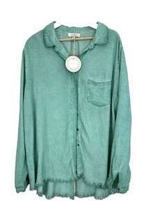 UMGEE Top Plus Sz 2XL Women's Green Blouse Button Down Linen Blend Boho Coastal - Picture 1 of 12