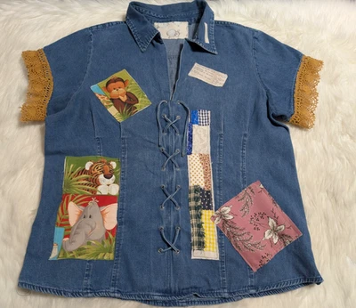 Top túnica reciclada Denim Boho Lagenlook Artístico Festival Folclórico Azul Conejito Encaje RR-4 Foto 1 de 4