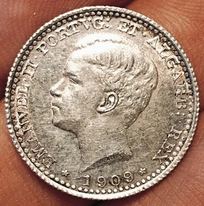 Portugal 100 reis 1909 coin (D. Manuel II; SILVER! SCARCE!) - Picture 1 of 2
