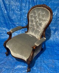 VICTORIAN ANTIQUE HIS CHAIR WALNUT AND VELVET