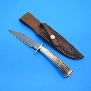 CHUCK HAWES, WELDON, IL. CUSTOM STAG HANDLED DAMASCUS CLIP BLADE HUNTER KNIFE - Picture 1 of 18