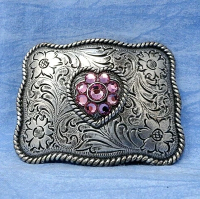 Cowgirl Heart Love Belt Buckle Western Floral Scroll Rhinestones Vtg 80s .XTT256 - Image 1 of 4