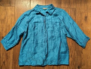 Peter Nygard Linen Blend Turquoise Womens Button Down Shirt Long Sleeve Size 16 - Picture 1 of 15