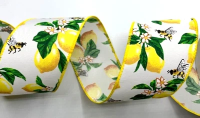 Flor de abeja limón 2,5" x 5 yardas cinta con cable verano blanco satinado hojas verdes Foto 1 de 4