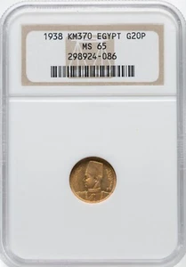 EGYPT , GOLD 20 PIASTRES KING FAROUK 1938 NGC MS 65 ,,,, RARE13 - Picture 1 of 2
