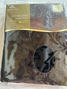 Holiday Time Flocked Satin Tablecloth   60'' x 102'' Oblong Black NEW - Picture 1 of 8