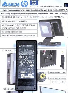 HP thin client Adapter 19V 3.42A 65W 586992-001 Delta ADP-65JH BB 587303-001 - Photo 1/13