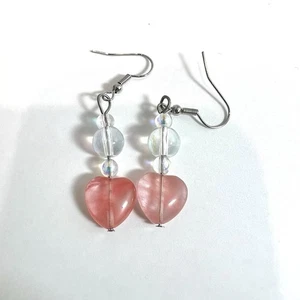 Orecchini fatti a mano fragola quarzo cristallo pietra e perle vetro iridescente - Foto 1 di 1