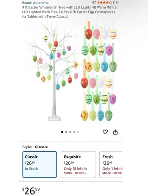 4 ft Easter White Birch Tree with LED Lights With Easter Eggs. - Image 1 of 4