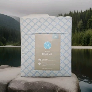 ⭐NEW⭐ Martha Stewart KING Bed Sheet Cotton-Rich Blend 4 Piece Set Blue Weave - Picture 1 of 2