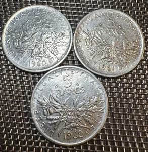 LOT DE 3 PIECES DE 5 FRANCS ARGENT 1960, 1961, 1962. (1313) - Picture 1 of 2