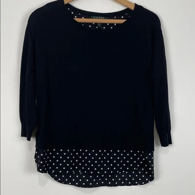 Suéter pequeño para mujer LAUREN Ralph Lauren negro lunares dobladillo manga 3/4 Foto 1 de 4