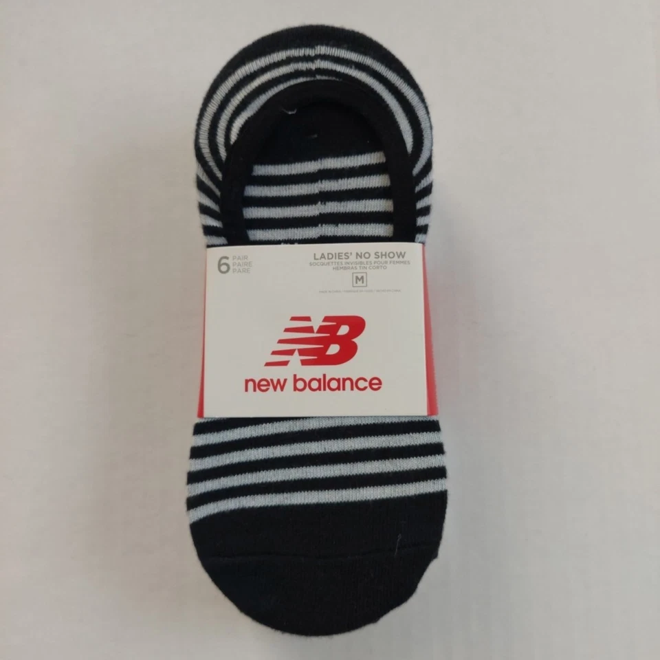 New Balance 6 pares de calcetines para damas No Show, negros/blancos/rayas, medianos Foto 1 de 4