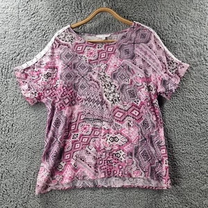 W LANE Womens Blouse Top Size 12 Pink Wgite Paisley Short Sleeve Casual - Picture 1 of 13