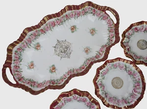Victoria porcelain dessert set roses, cranberry ribbon antique Carlsbad Austria - Picture 1 of 11