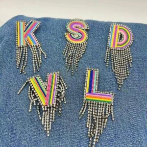 Initial Brooch Patch Applique A-Z Letter Embroidered Beaded Tassel Name Patches - Picture 1 of 11