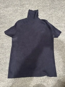 Ralph Lauren Women's Short Sleeve Navy Silk Ribbed Turtleneck Top Size L LRL - Picture 1 of 6