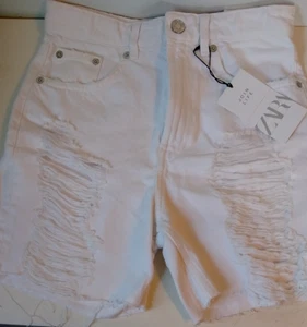 Jeans pantaloncino Zara bianco denim taglio orlo grezzo 5 tasche vita alta donna tg 4 nuovo con etichette - Foto 1 di 3