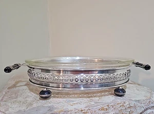 Vintage Silverplate Serving Collar & Pyrex Black Bakelite Handles, Feet LEWBURY - Picture 1 of 8