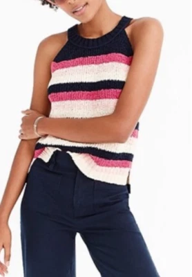 J CREW Tank Top Sweater Knit Cotton Navy Pink Stripe Women's Sz Medium - Image 1 of 4