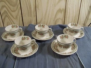 5 Ridgways England GREEN ROYALIS Demitasse Cup & Saucer Sets - Pink Roses - Picture 1 of 12